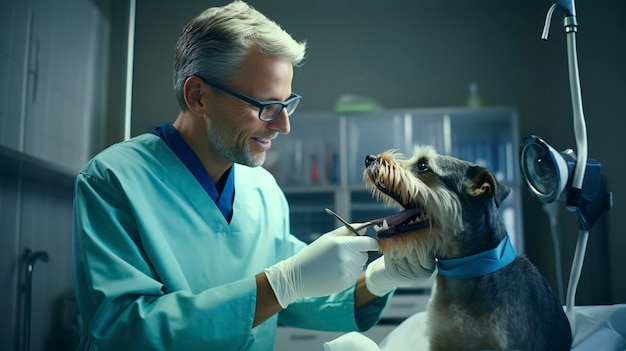 A photo of a veterinarian performing dental surgery on a pet