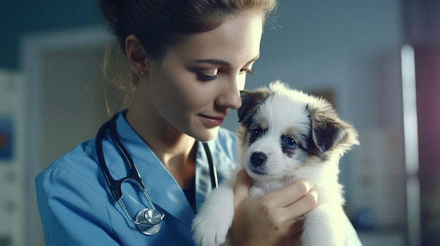 A photo of a veterinary assistant restraining a pet