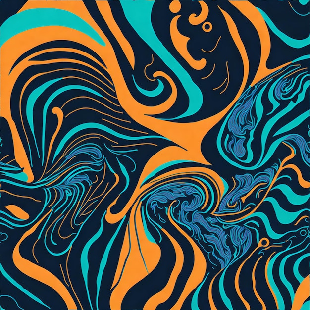 Photo of a vibrant abstract painting with blue and orange colors on a black background