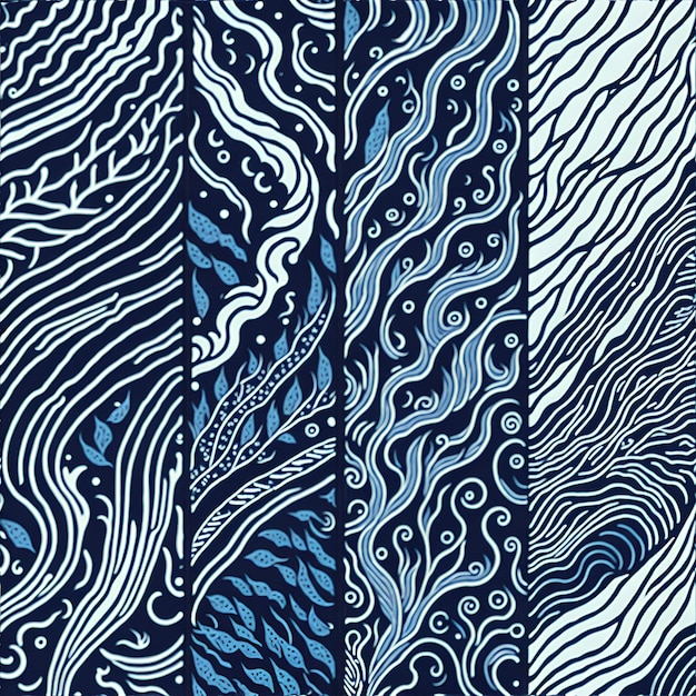 Photo of a vibrant abstract painting with flowing blue and white wavy lines