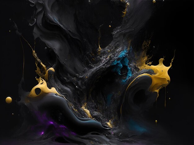 Photo of a vibrant abstract painting with yellow and blue colors on a black background