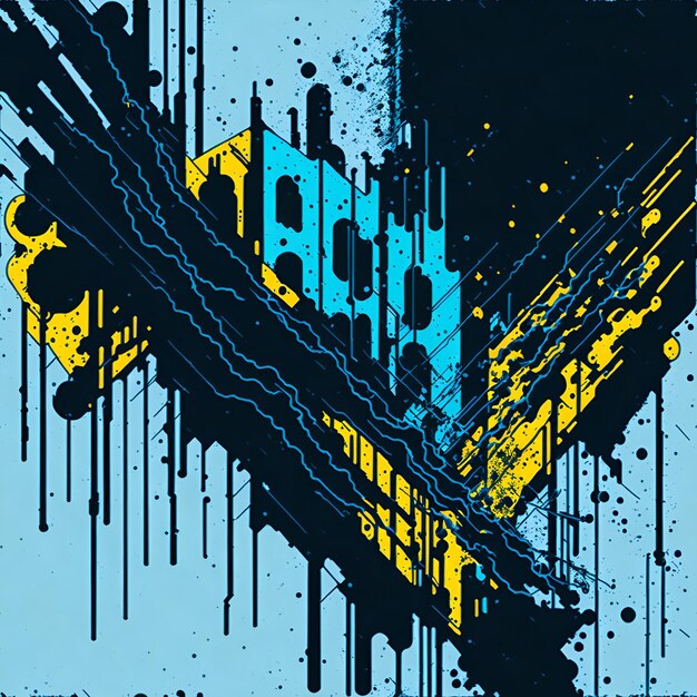 Photo of a vibrant and abstract poster with bold splashes of blue and yellow