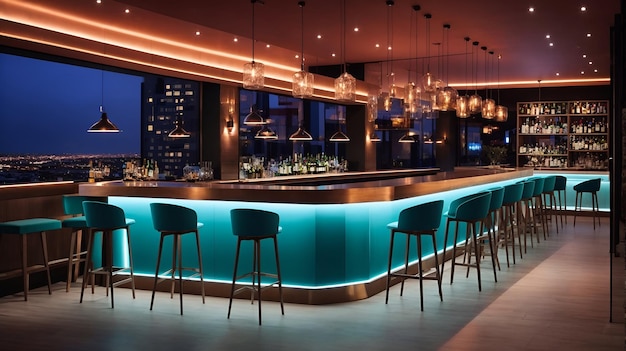 Photo of a vibrant bar filled with chairs and glowing lights