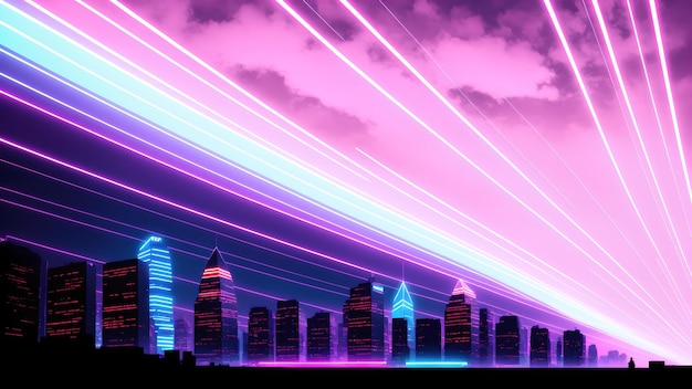 Photo of a vibrant city skyline at night illuminated by neon lights