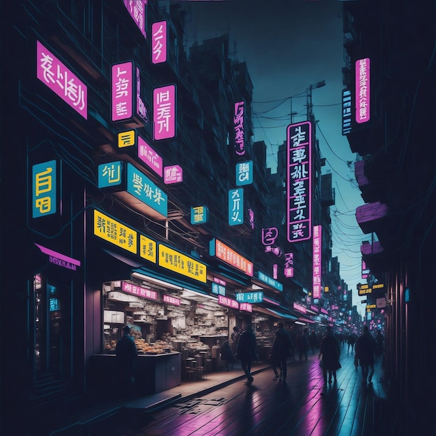 Photo of a vibrant city street at night with colorful neon signs