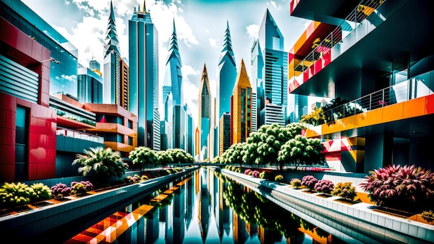 Photo of a vibrant cityscape with towering skyscrapers