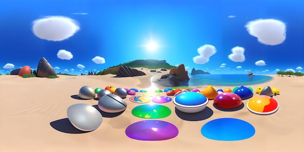 Photo of a vibrant collection of colorful beach balls scattered on the sandy shore