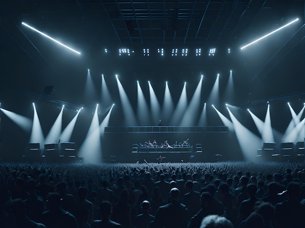 Photo of a vibrant concert scene with dynamic lighting and spotlights illuminating the stage