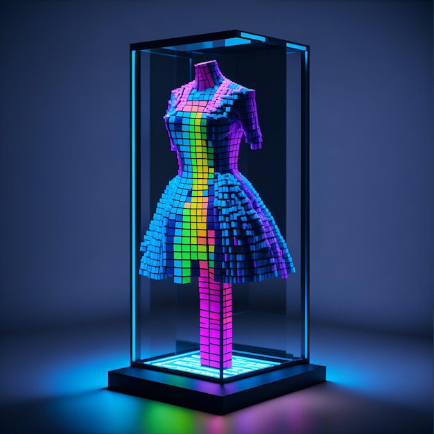 Photo of a vibrant dress displayed in a glass case