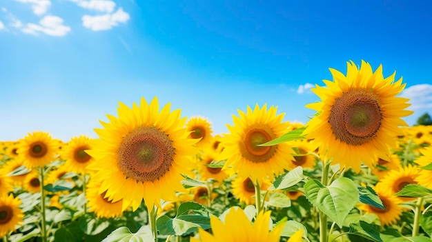 A photo of a vibrant field of sunflowers under a clear sky