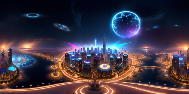 Photo of a vibrant futuristic cityscape illuminated by dazzling lights at night