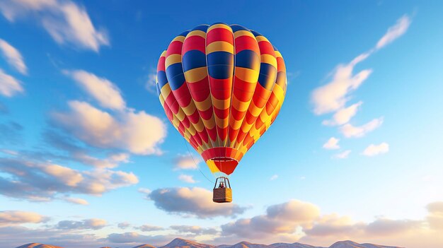 A photo of a vibrant hot air balloon against a blue