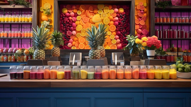 Photo a photo of a vibrant juice bar with colorful fruit display