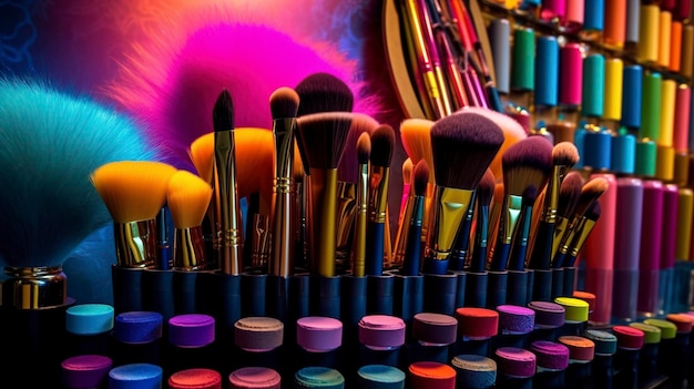 A photo of vibrant makeup brushes and cosmetic tools