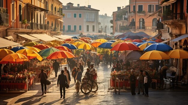 A photo of a vibrant market square with colorful umbrellas and bustling activity