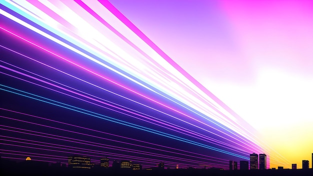 Photo of a vibrant neonlit city skyline with striking lines in the sky