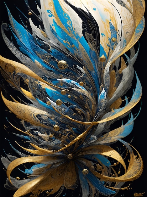 Photo of a vibrant painting of blue and gold feathers on a dark background