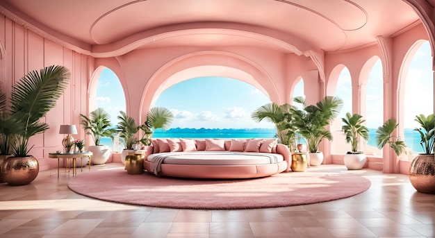 Photo of a vibrant pink living room with stylish furniture and decor