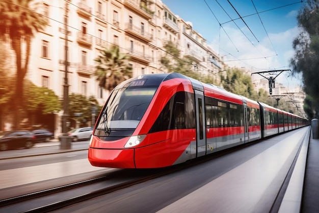 Photo of a vibrant red and white train or tram speeding down train tracks in the city