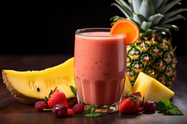 Photo of a vibrant and refreshing tropical fruit smoothie in a clear glass Generative AI