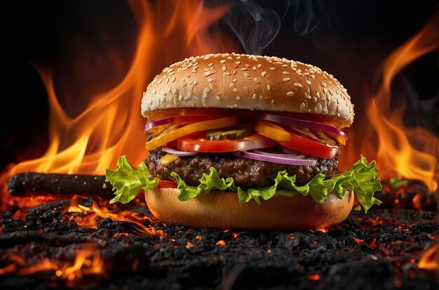 Photo vibrant spicy hot burger on a fire background