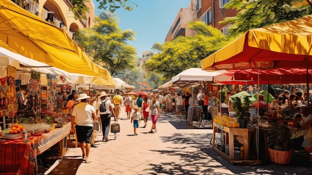 A photo of a vibrant street market colorful stalls and canopies