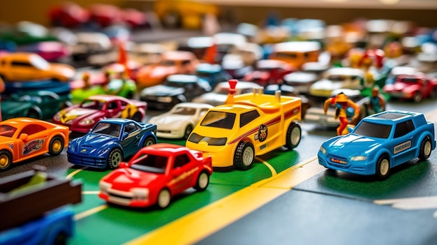A photo of vibrant toy cars and trucks on a race track