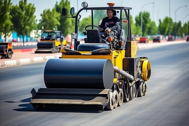 Photo photo vibratory asphalt roller compactor compacting new asphalt pavement road service repairs