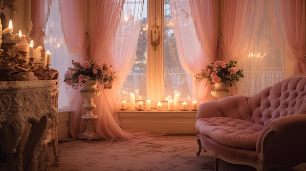 A photo of a victorian parlor with lace curtains candlelit ambiance