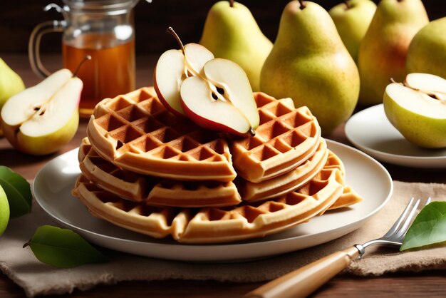 Photo view of delicious waffles with fresh pear on background