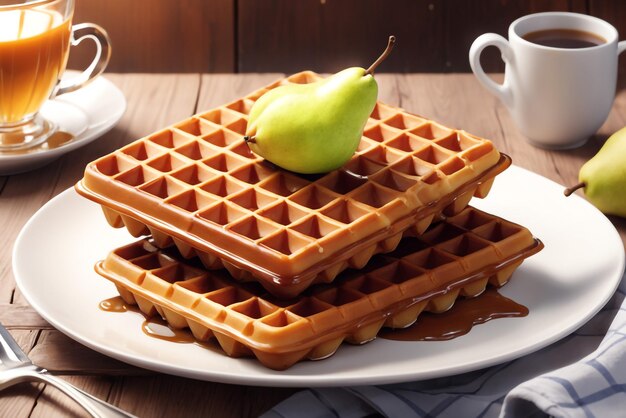 Photo view of delicious waffles with fresh pear on background