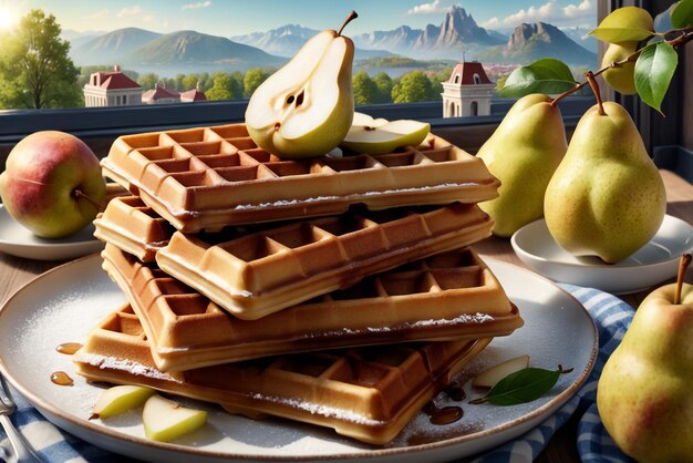 Photo view of delicious waffles with fresh pear on background