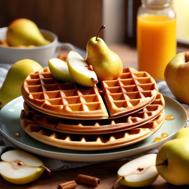 Photo view of delicious waffles with fresh pear on background