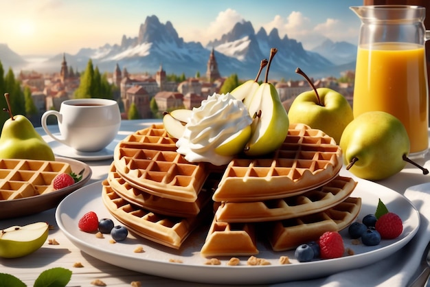 Photo view of delicious waffles with fresh pear on background