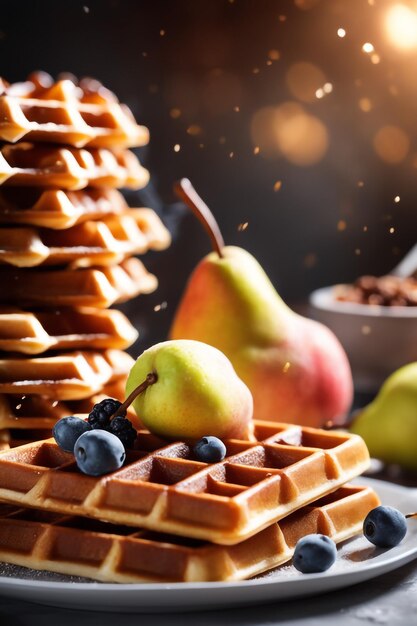 Photo view of delicious waffles with fresh pear on background