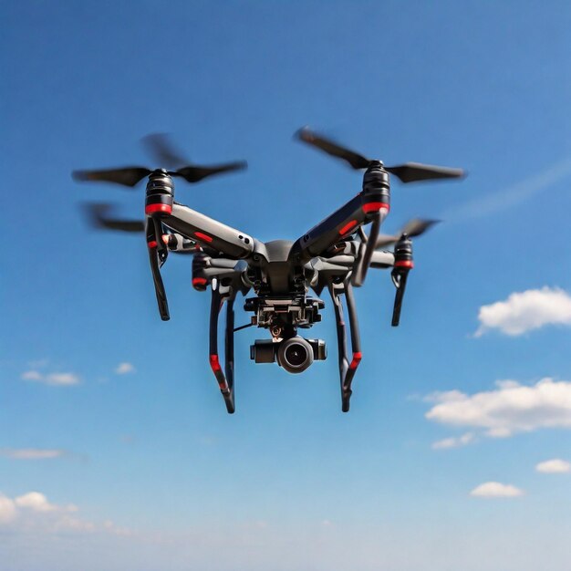 Photo view of drones flying against a blue sky