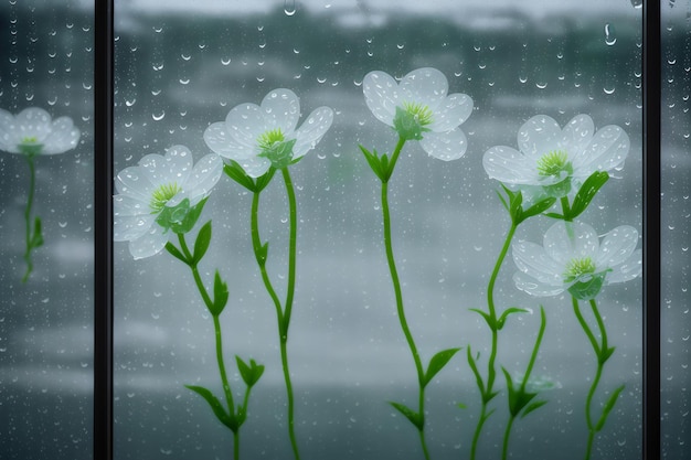 水滴のある透明なガラスの後ろの花の写真ビュー