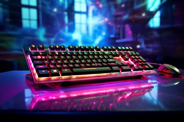 Photo photo view of illuminated neon gaming keyboard setup and controller