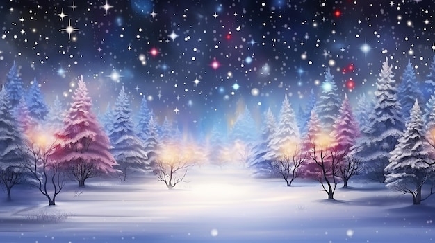 Photo view of a landscape snowy mountains and fir trees with Christmas mystery background