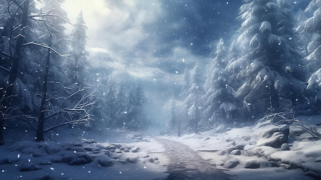 Photo view of a landscape snowy mountains and fir trees with christmas mystery background