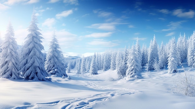 Photo view of a landscape snowy mountains and fir trees with Christmas mystery background