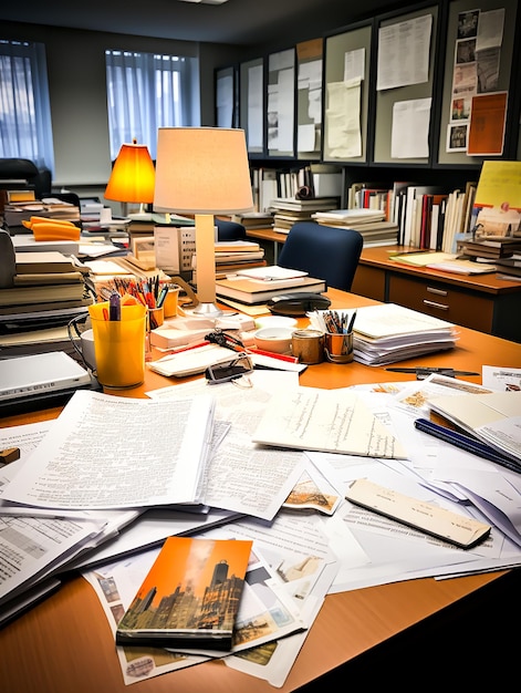 Photo photo view of messy office workspace with laptop generated by ai