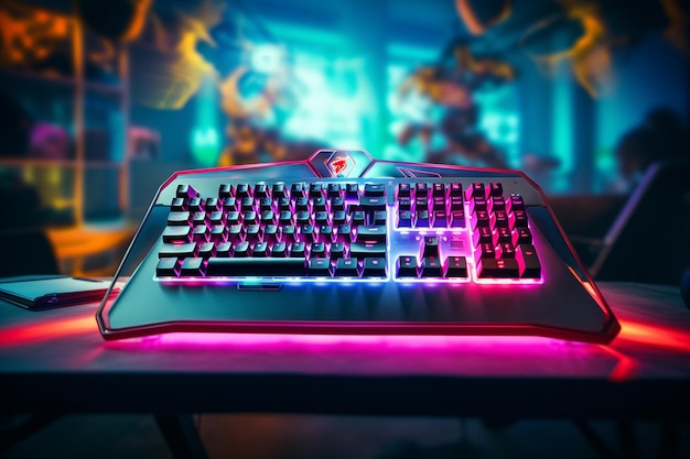 Фото Фото изображение освещенной неоновой игровой клавиатуры и контроллера