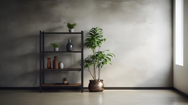 Photo View of Potted Plant in Room on Metal Shelf