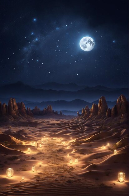 Photo photo of a view in a rocky desert at night lit by lanterns generated by ai