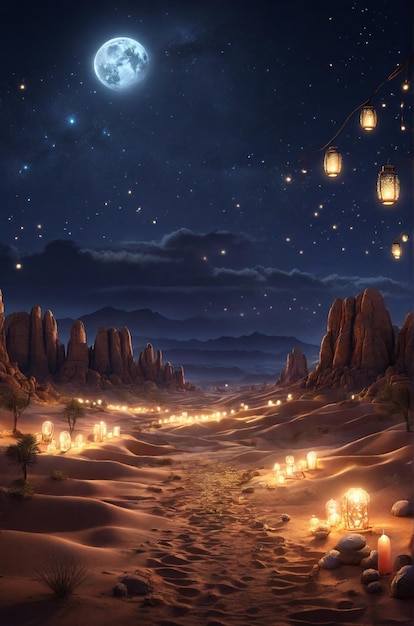 Photo photo of a view in a rocky desert at night lit by lanterns generated by ai