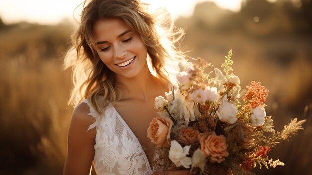 Photo view of smiley woman outdoors with bouquet of spring flowers generated by ai