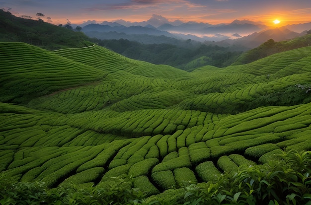 Photo view of tea plantation in sunsetsun