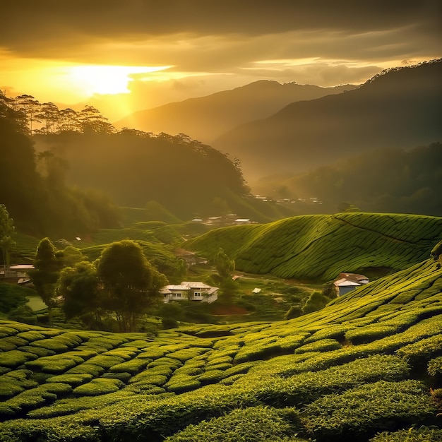 夕暮れと日の出の茶畑の写真