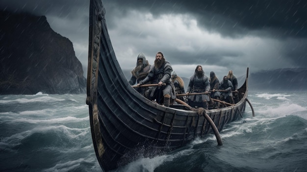 A photo of a viking reenactment rugged coastline backdrop